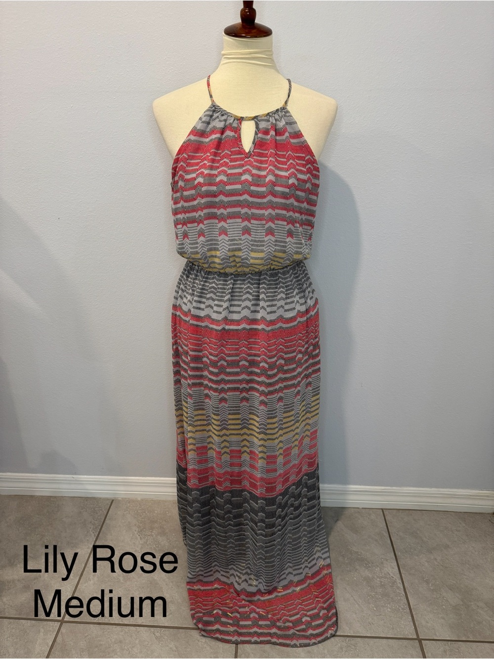 Lily Rose Coral, Gray & Cream Halter Maxi Dress
